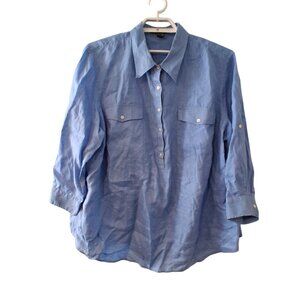 Lauren Ralph Lauren top womens 3X popover 100% linen button blue